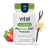 Hyperbiotics Vital Nutrients Pro Kids ENT, flacon et comprimés masticables, soutien potentiel ORL et immunitaire.