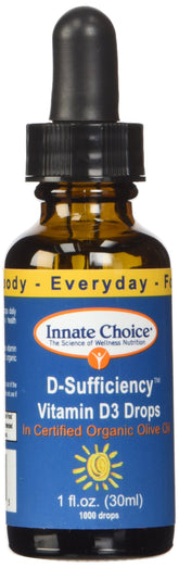 Innate Choice Vitamine D3 bouteille et gouttes, dosage facile pour une utilisation quotidienne.