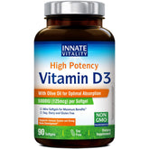 Innate Vitality Vitamine D3 5000 UI — bouteille softgels, prise quotidienne aisée.