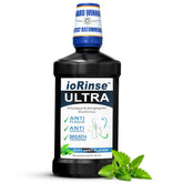 ioRinse Ultra bouteille transparente, fraîcheur durable pour l'hygiène bucco-dentaire.