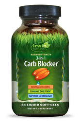 Irwin Naturals Carb Blocker 3-en-1, bouteille recto, soutien potentiel au contrôle des glucides