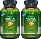 Flacon Irwin Naturals Mega D3 K2 Turmeric, soutien osseux quotidien.