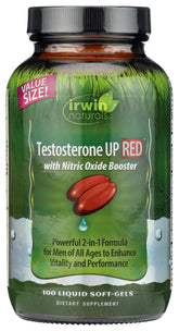 Irwin Naturals Testosterone Up Red — bouteille montrée, soutien à l'équilibre hormonal et à l'humeur.