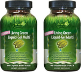 Irwin Naturals Women's Living Green Liquid-Gel Multi, bouteille visible, soutien nutritionnel quotidien pour femmes actives.