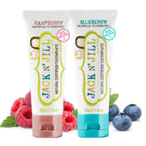 Jack N' Jill pâte dentaire naturelle bébé Myrtille-Framboise, tube bleu sans fluor.