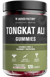 Jacked Factory Tongkat Ali Gummies – bouteille visible, énergie soutenue.