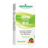 Comprimés Jamieson Iron B12 saveur mangue citron vert, énergie naturelle potentielle après les repas.