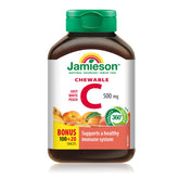 Boîte Jamieson Vitamine C mordables 500 mg, présentation pratique pour une consommation quotidienne.