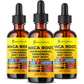 JB Wellness Co Maca liquide dans une bouteille, énergie potentielle pour le quotidien.