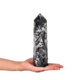 JIC Gem obélisque tourmaline noire avec quartz blanc, pointe élégante pour décoration.