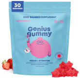 JoySpring Genius Kids Focus Gommes — bouteille, soutien potentiel à la concentration à l'école.