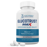 Justified Laboratories Glucotrust Max, bouteille avec capsules, soutien bien-être quotidien.