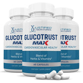 Trois bouteilles Justified Laboratories Glucotrust Max pour une routine pratique.