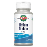 Flacon KAL Lithium Orotate 5 mg en résine post-consommation, emballage durable.