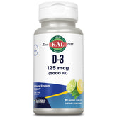 KAL Vitamin D-3 ActivMelt bouteille avec dosage pratique et facilité d’emploi.