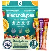 Keppi Électrolytes, sachets saveurs tropicales, hydratation légère sans sucre et goût frais.