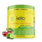 Keto Vitals Électrolytes en poudre dans sa boîte, recharge hydrique sans calories.