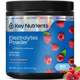 Key Nutrients poudre électrolytes bleu-framboise, hydratation rapide sans calories.