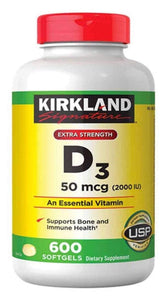 KIRKLAND D3 50 mcg, bouteille softgels, soutien potentiel du système immunitaire.