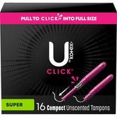 Kotex U by Kotex Click Compact tampons emballage discret et pratique pour déplacements.