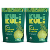 Poudre Moringa Kuli Kuli pure et verte, idéale pour smoothies et plats nutritifs.