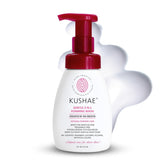 Kushae Douce Mousse Nettoyante en bouteille pour peau sensible et propre.