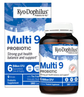 Kyolic Kyo-Dophilus : bouteille montrant neuf souches pour équilibre intestinal potentiel.