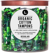 Tampons L. en coton biologique avec applicateur compact, confort discret.