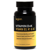 Gélules LEGION vitamine D3 K2 dans une bouteille, soutien possible à la densité osseuse.