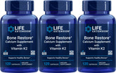 Life Extension Bone Restore, bouteille calcium et K2, soutien potentiel à la santé osseuse.