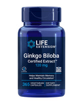 Life Extension Ginkgo Biloba – bouteille montrant la dose de 120 mg pour soutenir la mémoire.