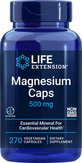 Life Extension Magnésium Caps 500mg – bouteille visible, soutien potentiel des os et du système nerveux.