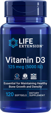 Life Extension D3 5000 UI – flacon et étiquette pour soutien osseux.
