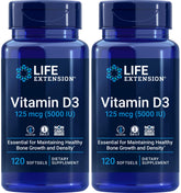 Flacon Life Extension Vitamine D3 5000 UI pour le soutien quotidien.