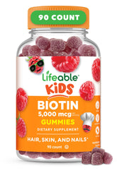 Lifeable Kids Biotin Gummies – bouteille rouge, goût framboise, soutien potentiel aux cheveux et ongles.