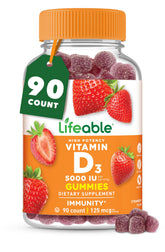 Lifeable vitamine D gommes adultes, bouteille visible, soutien potentiel à l'absorption du calcium.