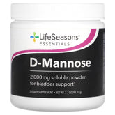 LifeSeasons D-Mannose Poudre – bouteille montrant l'emballage et l'utilisation quotidienne pour la santé urinaire