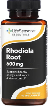 LifeSeasons Rhodiola 600mg – bouteille, énergie naturelle et clarté mentale potentielles.