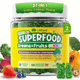 LILICARE Kids Super Greens Gummies dans la bouteille, snack pratique et sain pour le goûter.