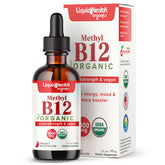 Bouteille LIQUIDHEALTH B12 avec étiquette et énergie naturelle potentielle.