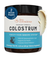 Live Conscious Colostrum Poudre-packshot: emballage clair et potentiel soutien digestif.