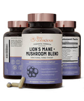 Live Conscious Lions Mane, capsules visibles sur bouteille, soutien potentiel concentration.