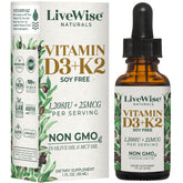 Live Wise Naturals D3+K2 gouttes sur flacon, absorption améliorée grâce à l'huile MCT.