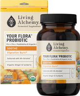 Living Alchemy Probiotique Flore Apaisant dans sa bouteille, soutien potentiel à l'équilibre intestinal.