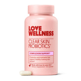 Love Wellness Clear Skin Probiotic, bouteille de capsules, soutien peau plus claire.