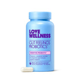 Love Wellness Gut Feelings Probiotique, bouteille visible, soutien digestif et immunité améliorée.