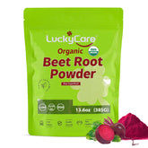Luckycare Betterave Poudre Bio 385g prête à être ajoutée dans vos smoothies.