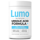 Bouteille Lumo Nutrition avec poudre d’acide ursolique et HMB prête pour récupération après entraînement.