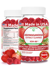 Lunakai Ashwagandha Gummies, bouteille visible, soutien quotidien calme et équilibre potentiels.