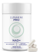Lunakai PRO NAD+ – bouteille montrant la double voie pour énergie cellulaire.